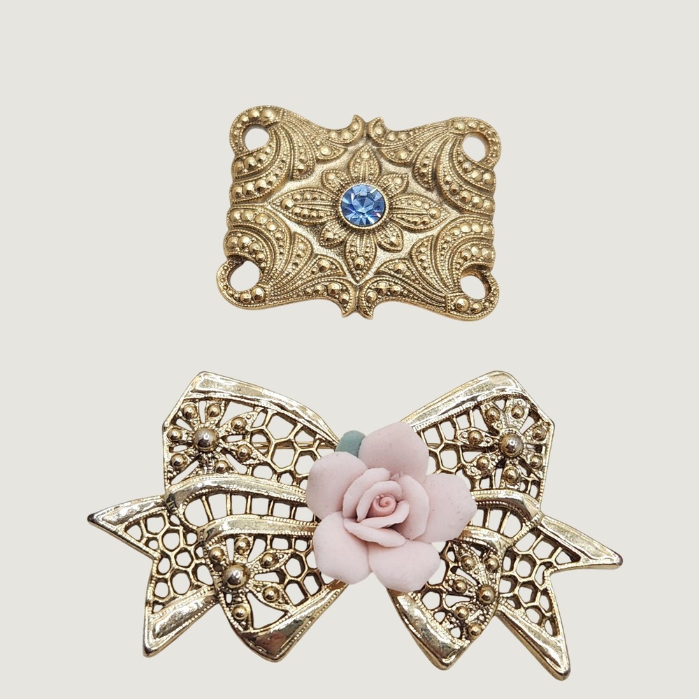 Vintage 1928 Jewelry Brooch Lot Victorian Art Deco Gold Filigree Porcelain Rose
